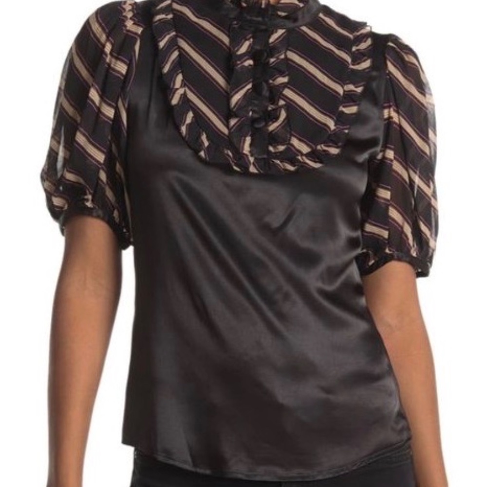 Vertigo Black Ruffle Neck Short Puff Sleeve Blouse, Size M